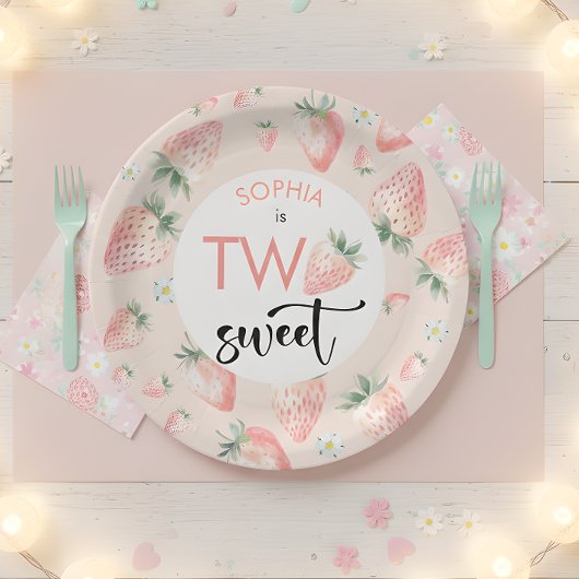 Twee lieve aardbeien kinderen verjaardag papieren bordje