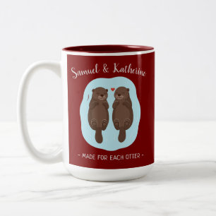 Twee Lieve Cute Otters Aangepaste Naam Valentijnsd Tweekleurige Koffiemok