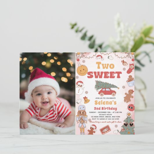 Twee lieve groovy kerst 2e verjaardag foto kaart (Staand voorkant)