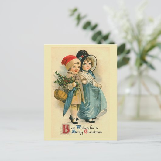 Twee lieve kinderen vintage kerst Briefkaart (Staand voorkant)
