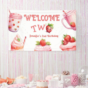 Twee lieve! Roze Meisje Aardbei 2e Verjaardag Spandoek