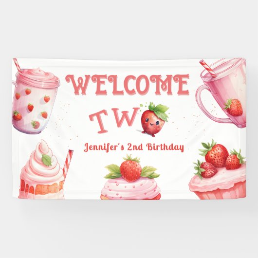 Twee lieve! Roze Meisje Aardbei 2e Verjaardag Spandoek (Horizontaal)