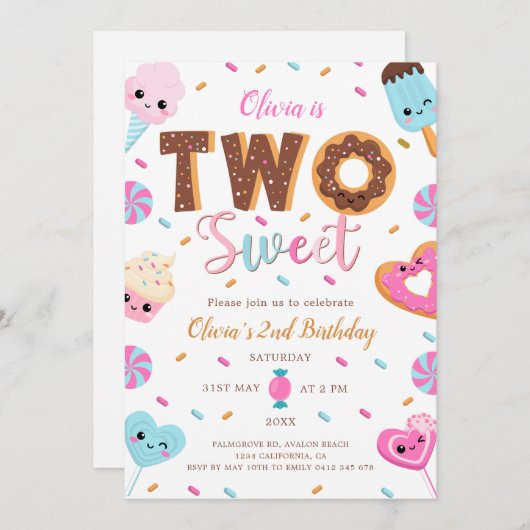 Twee lieve verjaardag | 2e verjaardag meisje donut kaart (Voorkant / Achterkant)