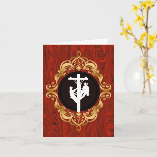 Twee linemen op het witte Wenskaart van Pole Silho Kaart (Gele Bloem)