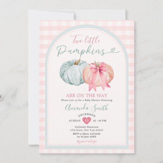 Twee Little Pumpkin Blue & Pink Gingham Baby showe Kaart (Voorkant)