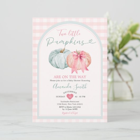 Twee Little Pumpkin Blue & Pink Gingham Baby showe Kaart (Staand voorkant)
