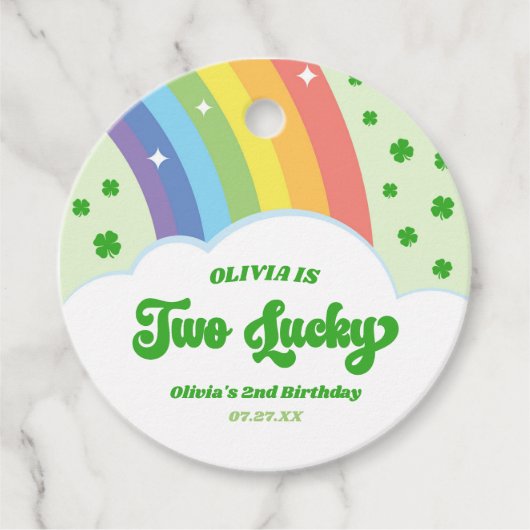 Twee Lucky Charm Rainbow 2e verjaardagsfeestje Bedankjes Labels (Voorkant)