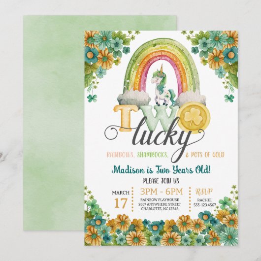 Twee Lucky Rainbow Unicorn Sunflower 2e verjaardag Kaart (Voorkant / Achterkant)