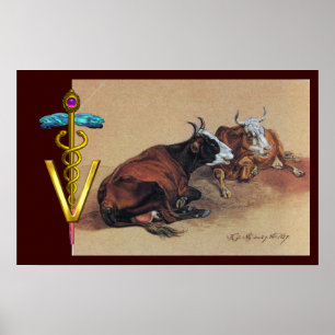 TWEE LYING KOEIEN GOLD CADUCEUS VETERINAIR SYMBOOL POSTER