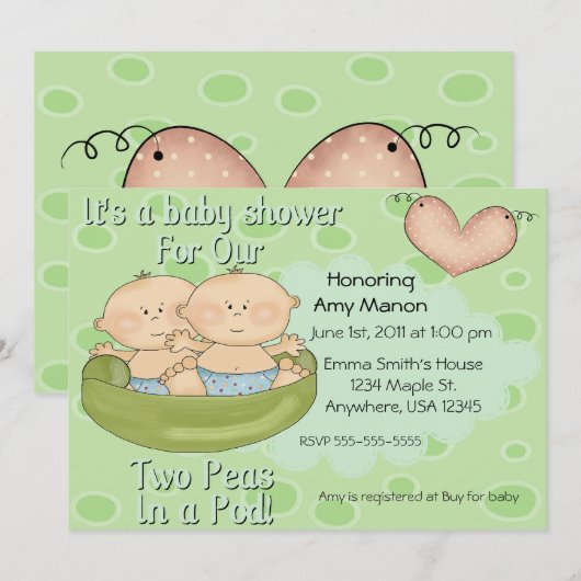Twee maal erwten in een baby shower met peul kaart (Voorkant / Achterkant)