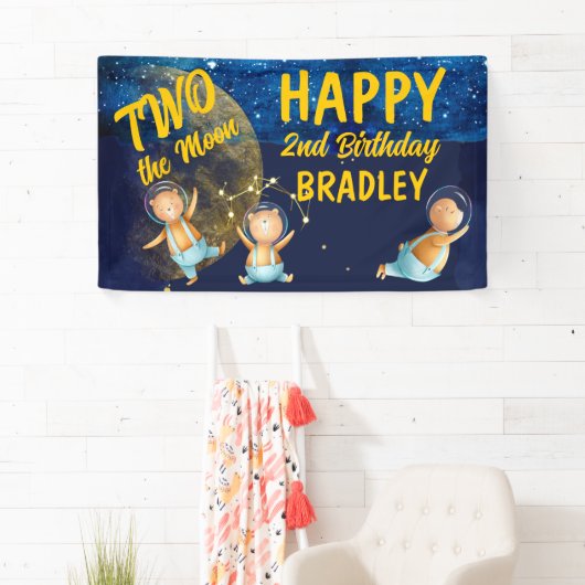 Twee maanruimte tweede verjaardagsfeestbanner spandoek (Insitu)