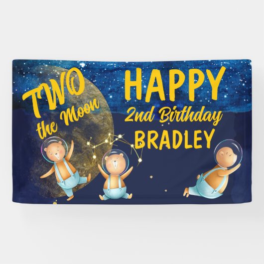 Twee maanruimte tweede verjaardagsfeestbanner spandoek (Horizontaal)