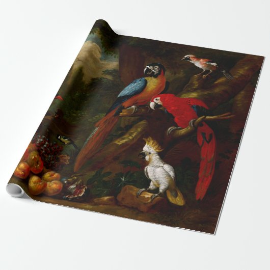 Twee Macaws a Cockato en een Jay met Fruit Cadeaupapier (Uitgerold)