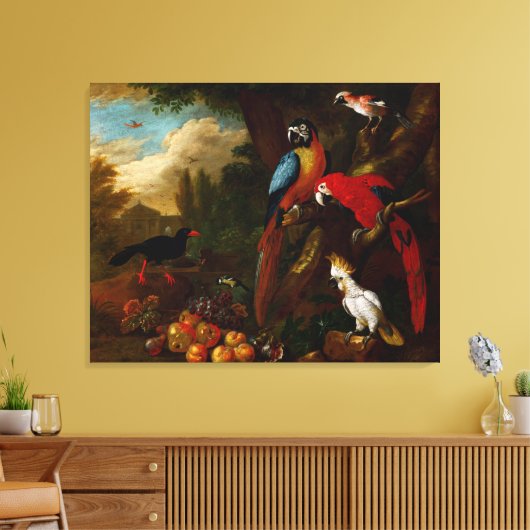 Twee Macaws a Cockato en een Jay met Fruit Canvas Afdruk (Insitu (Woonkamer))