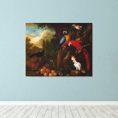 Twee Macaws a Cockato en een Jay met Fruit Canvas Afdruk (Insitu (Houten vloer))