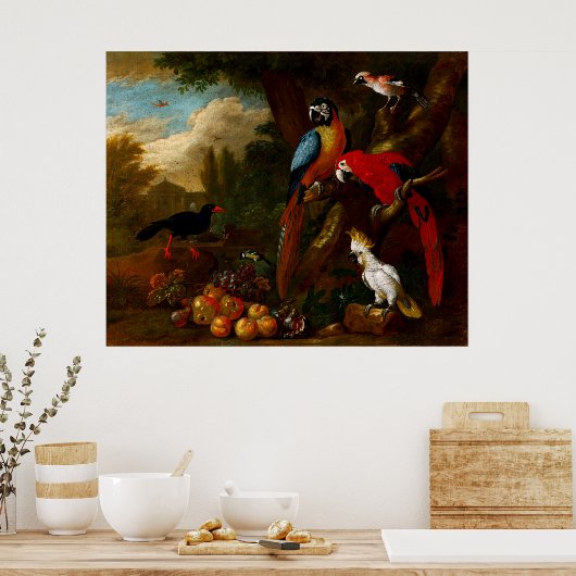 Twee Macaws a Cockato en een Jay met Fruit Poster (Keuken)