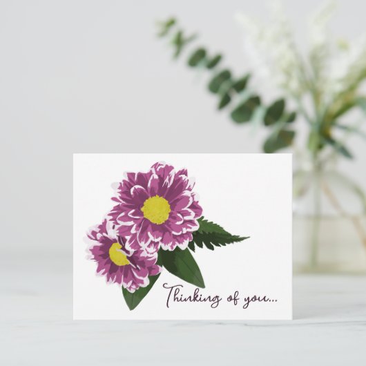 Twee Magenta Pinks Dahlias Denken aan jou Briefkaart (Staand voorkant)