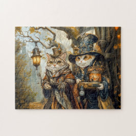 Twee magische katten in een Steampunk fantasie scè Legpuzzel