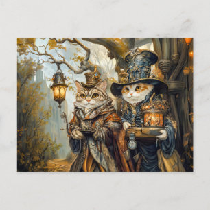 Twee magische katten in een Steampunk Fantasy Scen Briefkaart