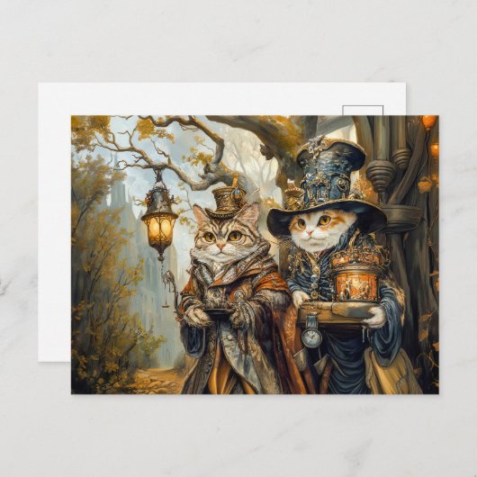 Twee magische katten in een Steampunk Fantasy Scen Briefkaart (Voorkant / Achterkant)