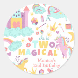 Twee magische regenboog pastel eenhoorn tweede ver ronde sticker