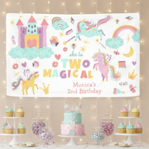 Twee magische regenboog pastel eenhoorn tweede ver spandoek