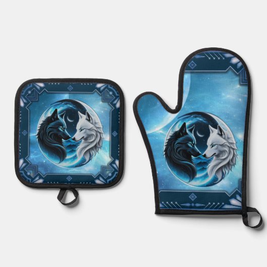 Twee majestueuze wolfskoppen ovenwant & pannenlap set (Voorkant)