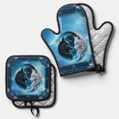 Twee majestueuze wolfskoppen ovenwant & pannenlap set (Voorkant / Achterkant)