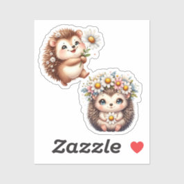 Twee malse Romantische Bloemige Egel Duo Illustrat Sticker
