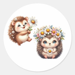 Twee malse Romantische Bloemrijke Egel Duo Illustr Ronde Sticker