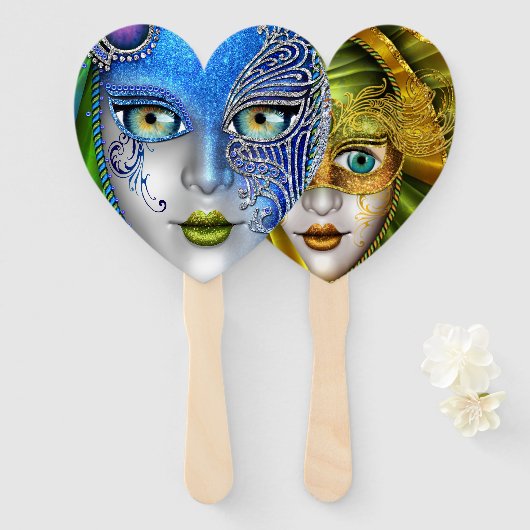 Twee maskerade maskers in één ventilator handwaaier (Voorkant en achterkant)