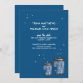 Twee Mason Jars & Fireflies sparen de Datum Save The Date (Voorkant / Achterkant)
