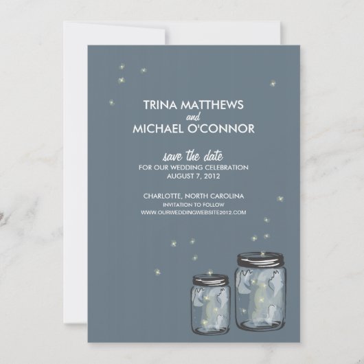 Twee Mason Jars & Fireflies sparen de Datum Save The Date (Voorkant)