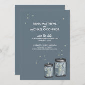 Twee Mason Jars & Fireflies sparen de Datum Save The Date (Voorkant / Achterkant)