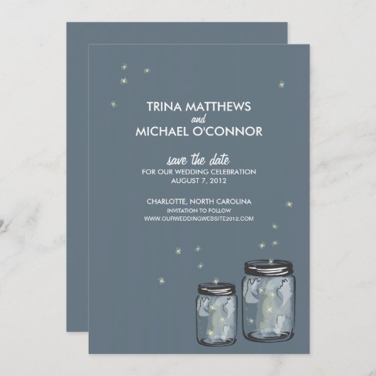 Twee Mason Jars & Fireflies sparen de Datum Save The Date (Voorkant / Achterkant)