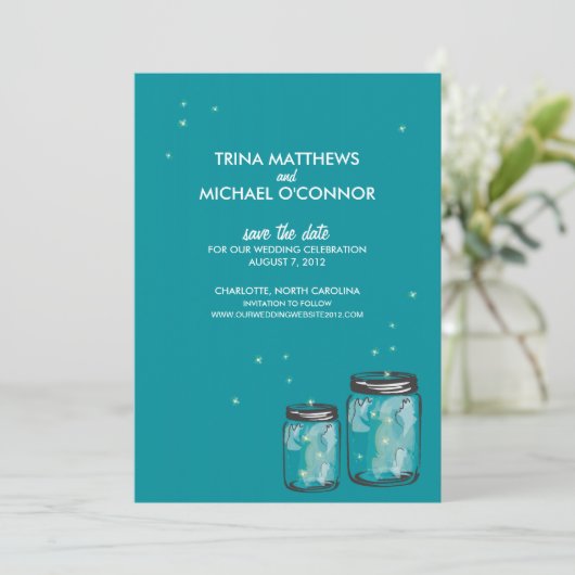 Twee Mason Jars & Fireflies sparen de Datum Save The Date (Staand voorkant)