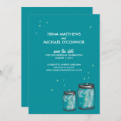 Twee Mason Jars & Fireflies sparen de Datum Save The Date (Voorkant / Achterkant)