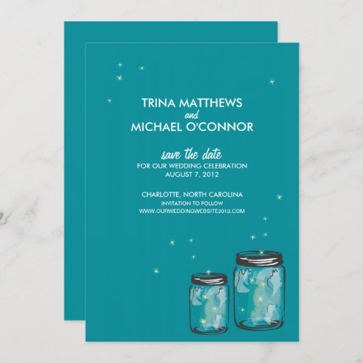 Twee Mason Jars & Fireflies sparen de Datum Save The Date (Voorkant / Achterkant)