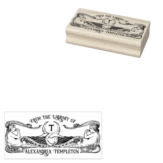 Twee Meerminnen Bibliotheek Boek Naam Initiaal Rubberstempel (Gestempeld)