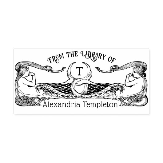 Twee Meerminnen Bibliotheek Boek Naam Initiaal Zelfinktende Stempel (Design)