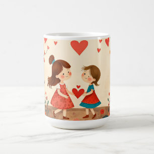 Twee meisjes delen een hart in een bloemenweide koffiemok