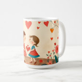 Twee meisjes delen een hart in een bloemwei koffiemok (Voorkant rechts)