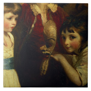 Twee meisjes, één met een masker, detail van tegeltje