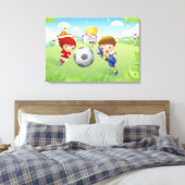 Twee meisjes en een jongen die voetbal speelt canvas afdruk (Insitu (Slaapkamer))