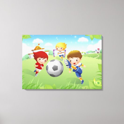 Twee meisjes en een jongen die voetbal speelt canvas afdruk (Voorkant)