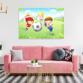 Twee meisjes en een jongen die voetbal speelt canvas afdruk (Insitu (Woonkamer))