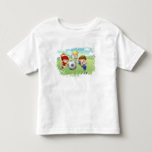 Twee meisjes en een jongen die voetbal speelt kinder shirts
