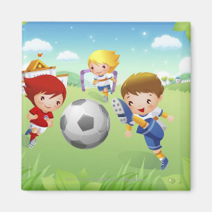 Twee meisjes en een jongen die voetbal speelt magneet
