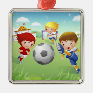 Twee meisjes en een jongen die voetbal speelt metalen ornament