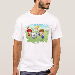 Twee meisjes en een jongen die voetbal speelt t-shirt